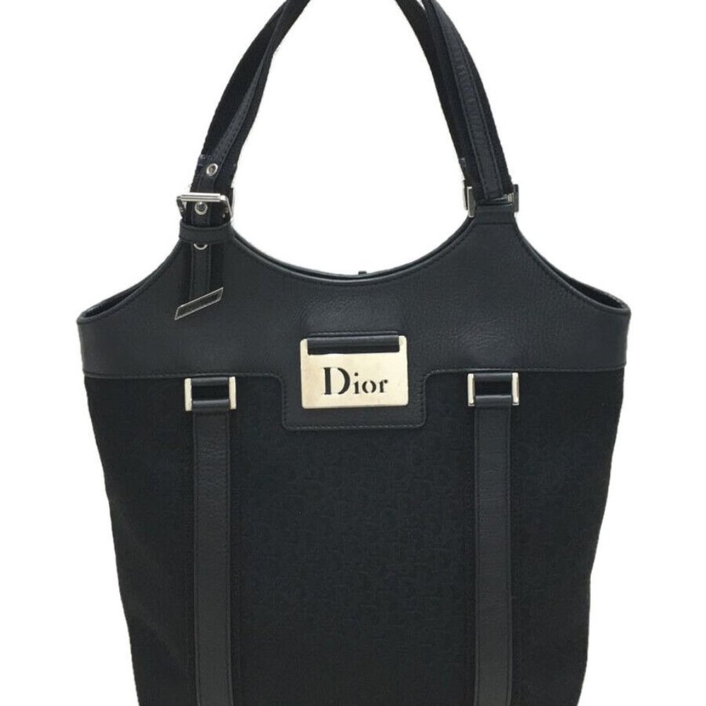 Auth. CHRISTIAN DIOR Paris Huge 15" W Black Trotter Canvas Leather Purses Totes